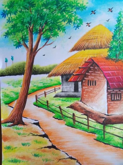 সিনারি Drawing, Easy Village Drawing, Beautiful Scenery Drawings Easy, Village Drawing Landscapes, Beautiful Scenery Drawing, Scenery Drawing For Kids, Village Drawing, Oil Pastel Drawings Easy, Buddhist Art Drawing