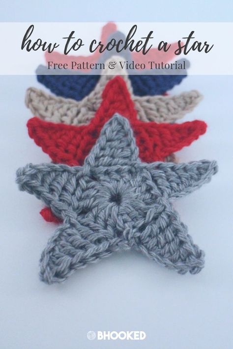 How to crochet a star. Click through for the free pattern and step-by-step video tutorial! #BHooked #Crochet #FreeCrochetPattern Easy Crochet Star Pattern Free, Crochet Stars Pattern Free, Crochet A Star, Crochet Star Pattern, Crochet Bow Pattern, Crochet Star Patterns, Crochet Appliques, Crochet Star, Crochet Bows