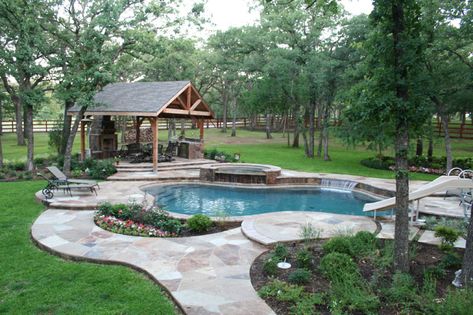 Lane Pool Backyard, Large Yard Landscaping Layout With Pool, Free Form Pool Landscaping, Free Form Pool Designs, Large Backyard Ideas Layout With Pool, Backyard Layout With Pool, Ranch Backyard, Poolside Landscaping, Dreamy Pools