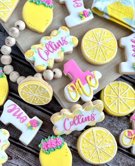 First birthday cookies. Lemon theme Lemon 2nd Birthday Theme, Lemon Birthday Cookies, Lemon First Birthday Cookies, Lemon Theme 1st Birthday Party, Lemon Themed Cookies, Lemon One Year Birthday, Lemon First Birthday Cake, First Birthday Lemon Theme, Lem-one-ade Party