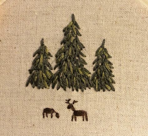 Embroider Evergreen Trees, Easy Nature Embroidery, Embroidery Stitches Trees, Pine Tree Embroidery Pattern, Embroider Pine Tree, How To Embroider Pine Trees, Cedar Embroidery, Forest Embroidery Designs, Embroidered Pine Tree