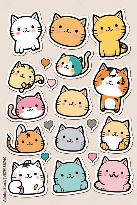 Cute Stickers Drawing Ideas, Cute Shapes Clipart, Animal Cute Illustration, Cute Sticker Art, Cute Stickers Animals, Cute Drawings For Stickers, Cute Sticker Drawing, Sticker Drawing Ideas, Gatos Stickers