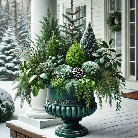 22 Outdoor Gorgeous Winter Containers Ideas to Transform Your Space Winter Front Door Planters, Outdoor Winter Planters Front Porches, Holiday Greenery Arrangements, Evergreen Planter Ideas, Porch Plants Ideas, Winter Containers Planters, Outdoor Christmas Pots, Winter Pots Outdoor Front Doors, Christmas Succulent Ideas