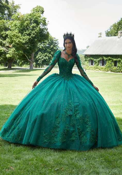 Floral Embroidered Corset Bodice Quinceañera Dress Green Quinceanera Dresses, Pageant Interview, Allure Couture, Quince Dress, Princess Sleeves, Sherri Hill Prom Dresses, Strapless Sweetheart Neckline, Mori Lee, Corset Bodice