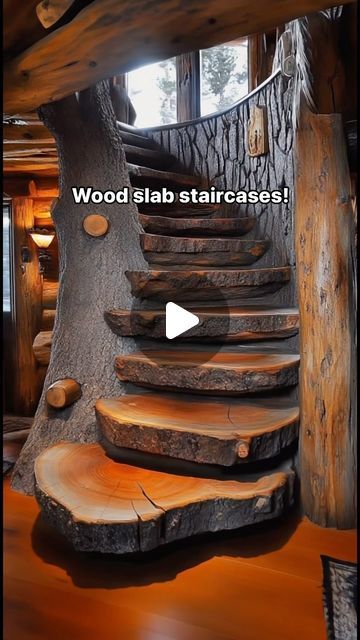 Inspiring Designs on Instagram: "These wood slab staircases are absolutely gorgeous! 🤯🤯 #interiordesign #rustic #rustichome #cabinlife" Live Edge Staircase, Tree Stairs, Rustic Staircase, Property Ideas, Live Tree, Cabin Living, Tree Houses, Wood Tree, Cabin Life