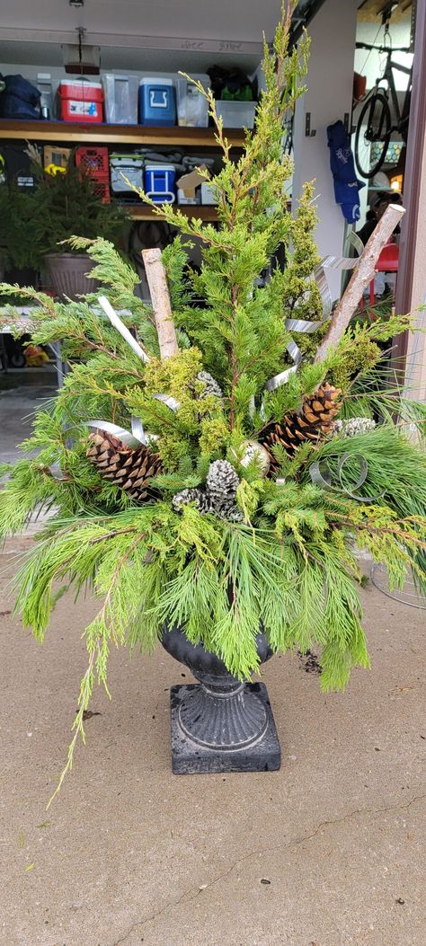 8 Quick & Easy Steps To a Stunning DIY Christmas Planter | Diva of DIY Diy Greenery, Christmas Planter, Bronze Spray Paint, Greenery Arrangements, Porch Planters, Christmas Planters, Birch Branches, Christmas Picks, Floral Picks