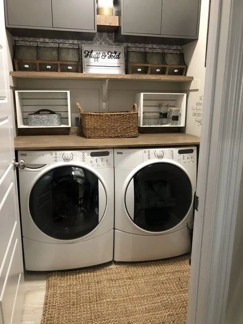 Washer Dryer Shelf, Washer Dryer Closet, Small Washer And Dryer, Room Renovation Ideas, Laundry Shelves, Laundry Room Closet, Laundry Room Renovation, Laundry Room Remodel, Laundry Room Inspiration