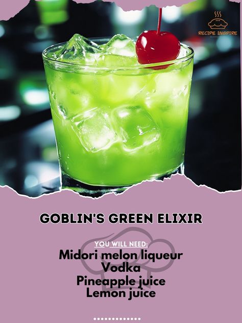 🧪 Summon the magic with the Goblin's Green Elixir! A bewitching blend of flavors that’s perfect for Halloween fun! 🍹💚 #GoblinsGreenElixir #HalloweenCocktails Goblin's Green Elixir Ingredients: Midori melon liqueur (1 oz) Vodka (1 oz) Pineapple juice (2 oz) Lemon juice (1/2 oz) Ice Maraschino cherry (for garnish) Instructions: Shake Midori, vodka, pineapple juice, and lemon juice with ice. Strain into a glass over ice. Garnish with a maraschino cherry. 💚🍹 This vibrant and fruity elixir wil... Vodka And Pineapple Juice, Midori Melon, Melon Liqueur, Cast A Spell, Halloween Cocktails, Alcohol Drinks, Maraschino Cherry, Pineapple Juice, Cocktail Drinks