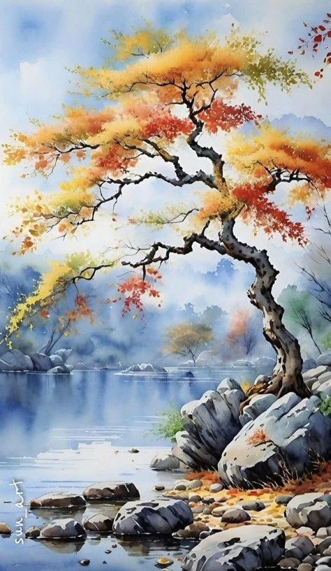 Watercolor Scenery Painting, Watercolor Scenery, Tree Watercolor Painting, Abstract Tree Painting, Gold Art Painting, Watercolor Paintings Nature, Tree Watercolor, Artist Watercolor, Digital Painting Techniques