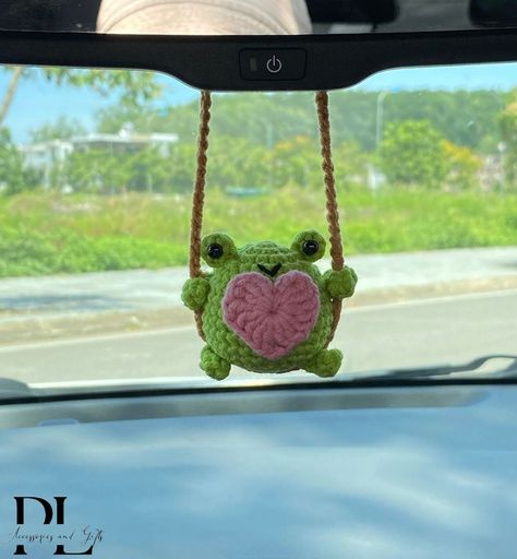 Cute Swinging Frog Car Mirror Hanging Accessories, Crochet Frog Ornaments, New Car Gift Idea, Gift For Her, Car Decorations, Car Charm -  #accessories #Car #Charm #Crochet #Cute #Decorations #Frog #gift #Hanging #Idea #Mirror #ornaments #swinging Crochet Car Ornament, Crochet Car Mirror Hanging, Car Hanging Crochet, Crochet Car Hanging, Car Crochet, Car Mirror Decorations, Car Mirror Hanging Accessories, Car Mirror Hanging, Frog Ornaments