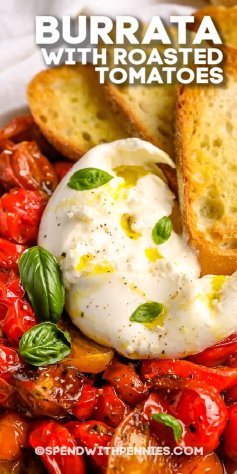 Burrata with balsamic tomatoes is an elegant cheese board appetizer that guests just can't get enough of! For a sure hit, serve this incredibly tasty appetizer for an Italian-style feast. #spendwithpennies #burrata #recipe #appetizer #cheese #tomato #best #Italian #salad #simple Roasted Tomato Burrata Salad, Roasted Tomato With Burrata, Burrata With Tomatoes, Appetizer Recipes With Tomatoes, Tomato With Burrata, Roasted Tomato And Burrata, Caprese Salad With Burrata Cheese, Recipes Using Barata Cheese, Recipes With Baratta