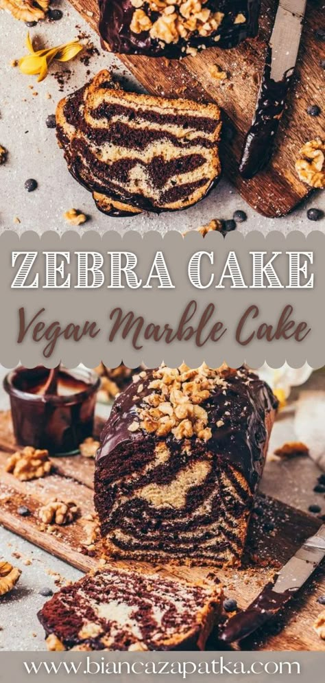 Vegan Marble Cake Recipe, Vegan Loaf Cake Recipes, Simple Vegan Cake Recipes, Vegan Zebra Cake, Vegan Birthday Desserts, Simple Vegan Cake, Vegan Marble Cake, Easy Vegan Cake, Simple Chocolate Ganache