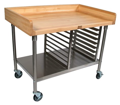 The John Boos Maple-Top Work Table & Cart features a 4-inch coved riser on the back and both sides, plus a stainless steel base, shelf and bun pan rack. (48x30) Baking Table Kitchen, Bakers Cart Ideas, Baking Table Ideas, Baking Stand Ideas, Prep Station Kitchen, Bakery Table, Baking Table, Modern Pastry, Baking Station