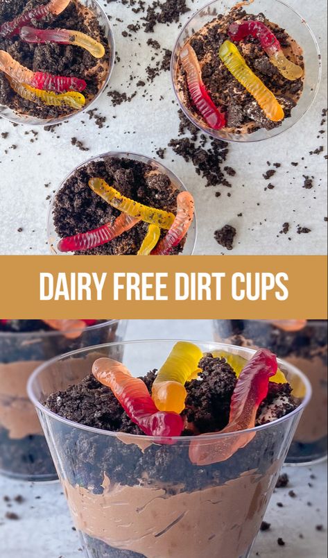 Dairy free dirt cups Dairy Free Halloween Dessert, Dirt Cake Ideas, Dairy Free Halloween Treats, Dairy Free Halloween, Buttermilk Baking, Dirt Cake Recipe, Dairy Free Deserts, Gluten Free Halloween Treats, Dairy Free Pudding