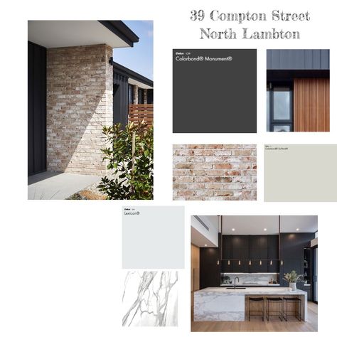 Exterior Mood Board Home, Elevation Mood Board, Exterior Material Board, Exterior Design Mood Board, Moodboard Exterior Design, Exterior House Mood Board, Facade Mood Board, Brick And Weatherboard Exterior, House Facade Renovation