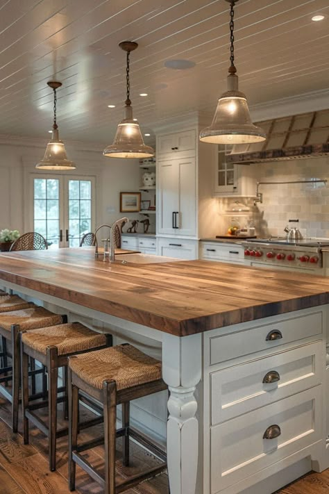 French Cottage Kitchen Island, Farm Kitchens, Kitchen Islands With Seating, Islands With Seating, Best Kitchen Island, Kitchen With Large Island, Kitchen Makeover Ideas, Kitchen Storage Hacks, Kitchen Island Ideas