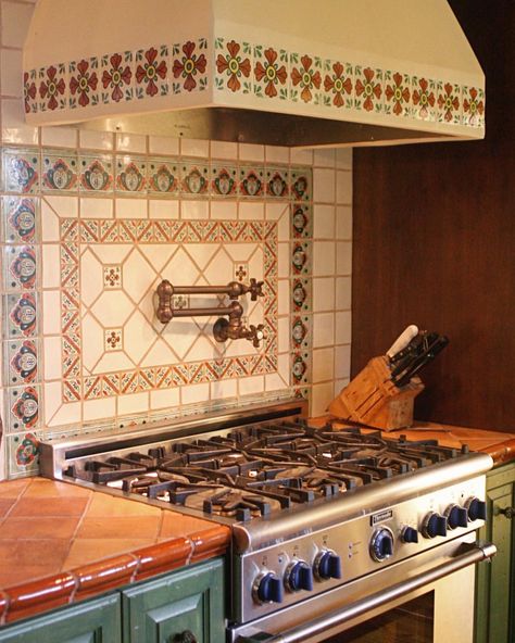 Talavera Tile always looks right in an Adobe Home. This Pasadena, CA client did not want stone slab counter tops. Instead I used a… | Instagram Talavera Tiles Kitchen, Kitchen Mexican Style, Mediterranean Flooring, Talavera Tile Kitchen, Future Kitchen Design, Talavera Kitchen, Mexican Tile Kitchen, Tile Countertops Kitchen, Spanish Style Kitchen