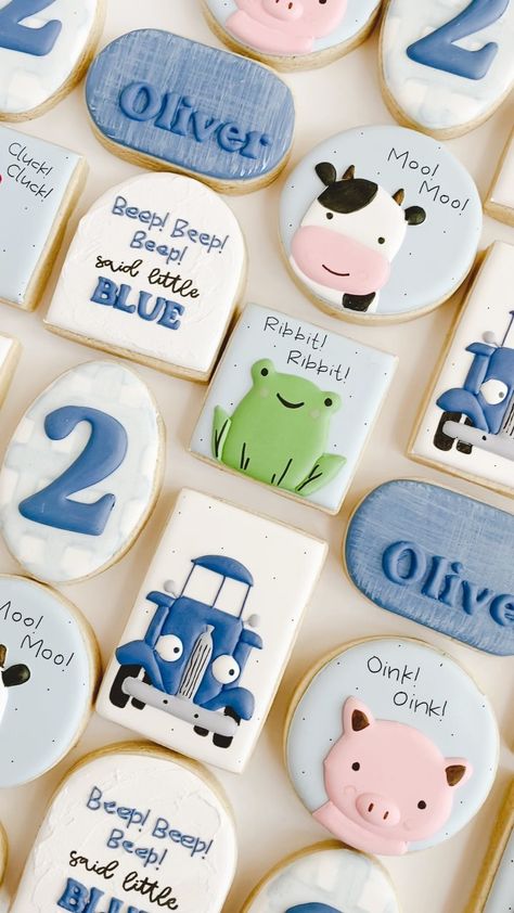 Little Blue Truck Cookies, Oink Cluck Moo 2nd Birthday, Second Birthday Cookies, Second Birthday Boys, Little Blue Truck, Music Cookies, Cookie Decorations, Cookies Birthday, 2nd Birthday Boys