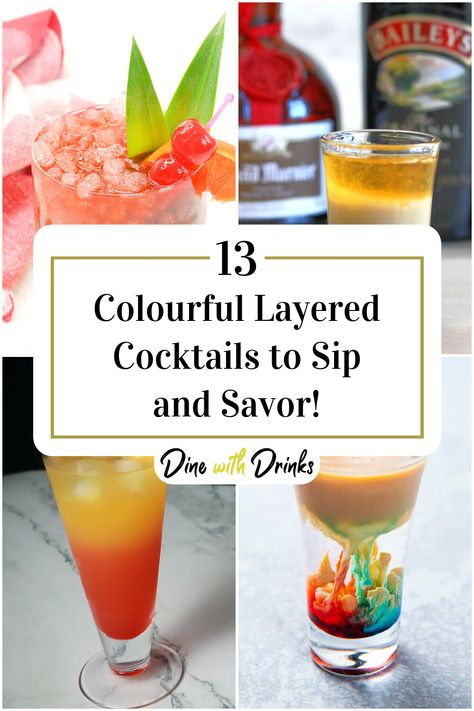 Collage of 4 colourful layered cocktails. Layered Cocktails, Layered Drinks, Colorful Cocktails, Kid Food, Drink Up, Party Drinks, Mixology, Mocktails, Cocktail Recipes