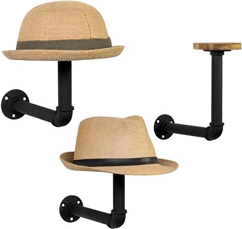 Amazon.com: MyGift Decorative Black Metal Pipe & Rustic Brown Wood Wall Mounted Hat Rack & Wig Holder Hooks, Set of 3 : Home & Kitchen Wall Mounted Hat Rack, Wig Holder, Cowboy Hat Rack, Baseball Helmet, Iron Storage, Hat Holder, Hat Display, Hat Storage, Hat Hooks