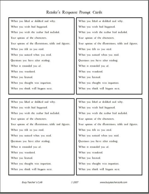 Reader Response Cards Reader Response Journals, Readers Response, Lit Circles, Literacy Centres, Read 180, Reading Journals, Cards For Students, Reading Response Activities, Reader Response