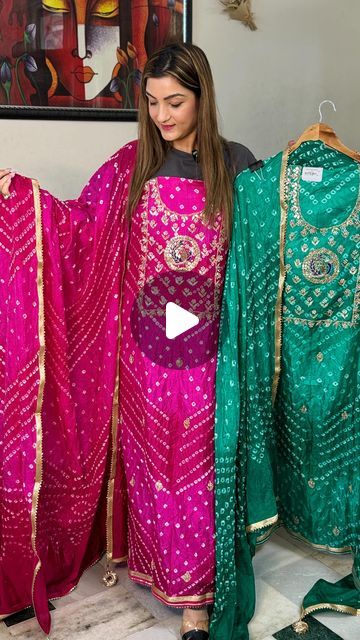 Ruchika kawatra on Instagram: "Festive ready with our Bandhani suit! Minimal work, gota patti details, and perfect for any occasion.

DM to book or you can visit our studio at j12/19 Rajouri Garden Behind Aggarwal Sweets" Mulmul Saree With Gota Work, Luxury Bandhani Print Festival Dresses, Anita Dongre Bandhani Collection, Gota Patti Work, Rai Bandhej Sarees, Gota Patti Suits, Gota Patti Saree, Festival, Canning