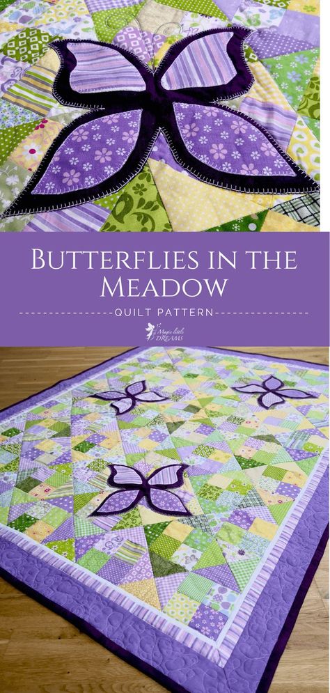 Purple girl's quilt with butterflies - Butterflies in the Meadow" Farm Animal Quilt, Baby Quilt Patterns Easy, Butterfly Quilt Pattern, Unicorn Quilt, Quilt Stories, Free Motion Quilting Patterns, Butterfly Pillow, Butterfly Quilt, Color Butterfly