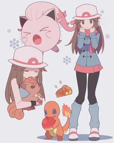 Pokemon Characters Fanart, Ash And Serena Fanart, Pokemon Leaf Fanart, Hatenna Pokemon, Dawn Pokemon Fanart, Pokemon Trainer Outfit Ideas, Pokemon Fanart Trainers, Pokemon Outfits Ideas, Pokémon Collage