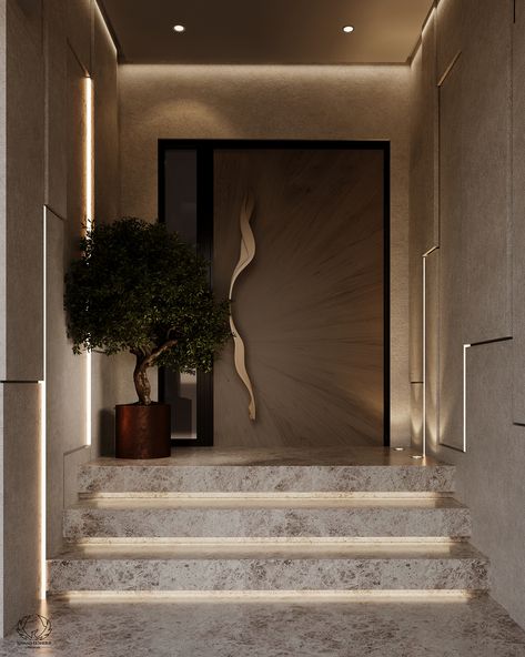 A unique villa entrance that is both elegant and modern. #villa_entrance #entrance_design Modern Luxury Entryway, Marble Entrance, Main Door Entrance Design, Villa Entrance Design, Villa Entrance Design Interiors, Villa Entrance Design Exterior, Enterance Idea Modern, Main Entrance Design, Main Door Design Entrance Modern Luxury