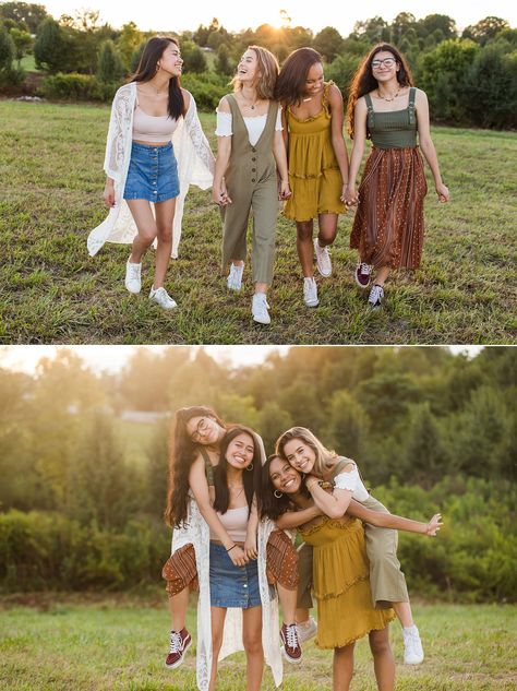 4 Friends Photoshoot Poses, Four Friend Photoshoot, Pose Ideas For Groups Of 4, Poses For Groups Of Four, 4 Sisters Photoshoot Poses, Group Field Photoshoot, 4 Sisters Photoshoot, Spring Group Photoshoot, Fall Group Photoshoot