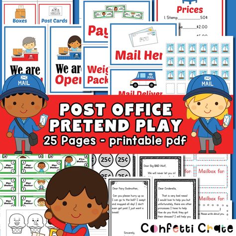 Post office printable pretend play for kids. Your kids will LOVE playing post office, and you will love all the screen-free time. Perfect for playdates or summer kids fun. Included in this money saving bundle: https://www.etsy.com/listing/1258570951 Includes 25 pages in color. These are not editable. Printable pdf files come in an Instant Download to your email directly after your purchase. INCLUDES: 1. Post office open and closed sign 2. Area Labels 3. Postage stamps 4. Mailbox labels 5. Letter Post Office Pretend Play, Mailman Costume, Pretend Play Post Office, Role Play Activities, Printable Pretend Play, Post Office Play, Playdate Activities, Pretend Play Printables, Play Printables