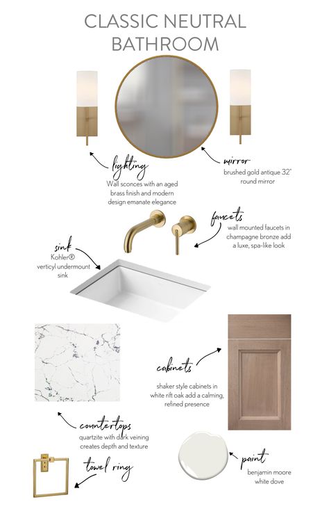 Bathroom Mood Board Master Bath, Bathroom Interior Mood Board, Champagne Bronze Bathroom Faucet, Neutral Bathroom Mood Board, Primary Bathroom Mood Board, Powder Room Mood Board, Bathroom Mood Boards, Bathroom Design Board, Bathroom Mood Board Inspiration