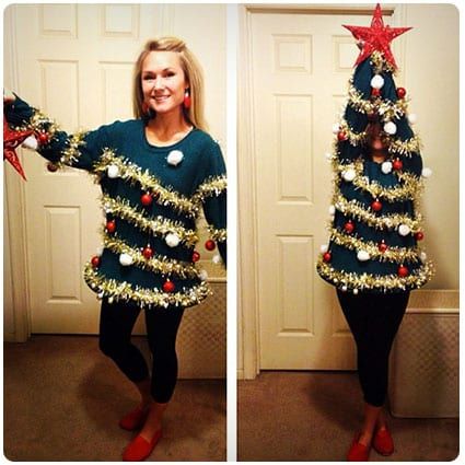 Easy Ugly Christmas Sweater, Creative Ugly Christmas Sweater, Christmas Costumes Diy, Ugliest Christmas Sweater Ever, Ugly Christmas Sweater Diy Funny, Diy Christmas Outfit, Ugly Christmas Sweater Outfit, Funny Christmas Outfits, Diy Christmas Sweater