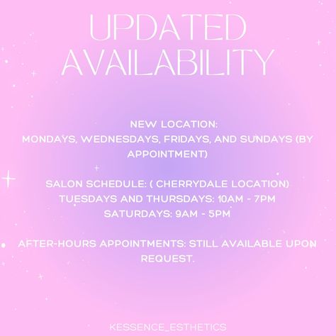 🗣️ SPECIAL UPDATE ‼️ As I re-embark on this new chapter of independence, I’m restructuring my schedule . Here’s my updated availability: New Location: Mondays, Wednesdays, Fridays, and Sundays (by appointment) Salon Schedule: ( Cherrydale location) Tuesdays and Thursdays: 10am - 7pm Saturdays: 9am - 5pm After-Hours Appointments: Still available upon request. Booking Information: For Salon Days (Tues, Thurs, Sat): Book online: Text/DM: (864)478-0534 For appointments at the new locatio... Bookings Available Salon, Online Booking Available Salon, Appointments Available Hairstylist, Pre Book Appointment Hair Sign, Lash Tech Appointment Book, My Schedule, New Location, After Hours, New Chapter