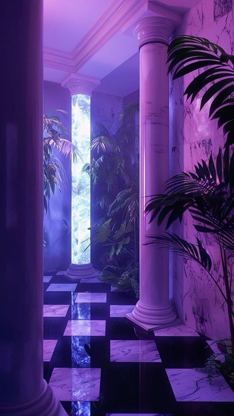 Horror Interior Design, Vaporwave Interior Design, Vaporwave Living Room, Vaporwave House, Liminal Vaporwave, Liminal Space Wallpaper, Purple Architecture, Charlotte Tilbury Beautiful Skin Foundation, Vaporwave Room