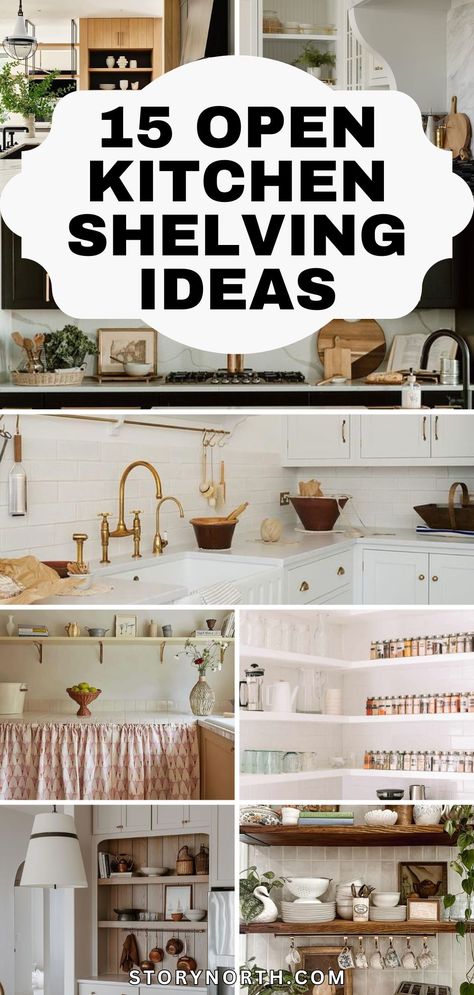 Save this pin for top-notch open kitchen shelving ideas that will transform your space! Get inspired to redecorate with these creative and stylish designs. #homedecor #kitchenshelving #interiordesignideas Kitchen Shelving And Cabinet Ideas, Kitchen Shelves Next To Cabinets, Wooden Floating Shelves In Kitchen, Kitchen Corner Wall Shelf Ideas, Wall Of Open Shelving, Kitchen Bookcase Ideas, Shelf Decor Kitchen Wall Shelves, White Kitchen With Open Shelves, Open Cabinet Kitchen Ideas