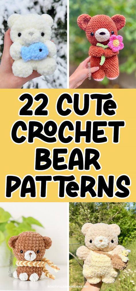 Do you love creating cute and cuddly creatures that bring joy to others? Then you'll enjoy these 22 adorable crochet bear patterns. From classic teddy bears to bear plushies to polar bears, this collection has something for every skill level and style. Cute Bear Crochet Pattern, No Sew Bear Crochet Pattern Free, Small Bear Crochet Free Pattern, No Sew Crochet Bear, Easy Plushies To Crochet, Polar Bear Crochet Pattern Free, Crochet Polar Bear Pattern Free, No Sew Crochet Patterns Free, Crochet Patterns Bear