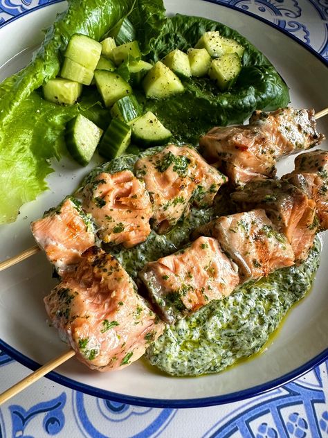 Deliciously Fresh: Herbed Salmon Skewers with Yogurt Chermoula — Garden Feast Grilled Salmon Skewers, Salmon Grill, Herbed Salmon, Chermoula Sauce, Salmon Skewers, Food Film, Lemon Salmon, Skewers Grill, Dinner At Home