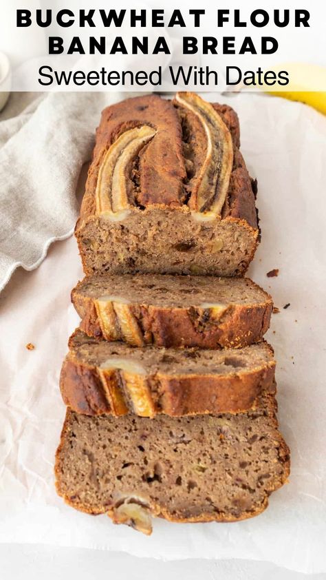 Get ready for a wholesome twist with this buckwheat flour banana bread with dates. Super easy to prepare. Gluten-free & dairy-free. Banana Buckwheat Muffins, Date Sweetened Banana Bread, Buckwheat Pumpkin Bread, Buckwheat Flour Banana Bread, Buckwheat Banana Pancakes, Banana Bread With Dates, Buckwheat Banana Bread, Banana Bread With Applesauce, Buckwheat Flour Recipes