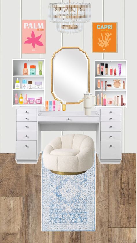 Beachy Vanity Bedroom, Preppy Makeup Vanity, Preppy Vanity, Girls Vanity, Preppy Life, Future Bedroom, Vanity Bedroom, Bedroom Redo, Beach Room