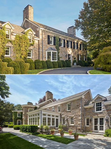 Country Stone House, Georgian House Plans, Georgian Colonial, Georgian Style Homes, Georgian Mansion, Greenwich Connecticut, Gorgeous Homes, English Gardens, Exterior Renovation