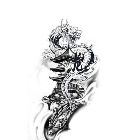 Koi Fish Samurai Tattoo, Dragon Tattoo Designs Leg, Japanese Inspired Sleeve Tattoos, Dragon Leg Tattoo Men Design, Asian Tattoos Men Ideas, Dragon And Temple Tattoo, Japanese Tattoo Art Half Sleeve, Japenses Tatoos Design Men, Asian Dragon Tattoo Men