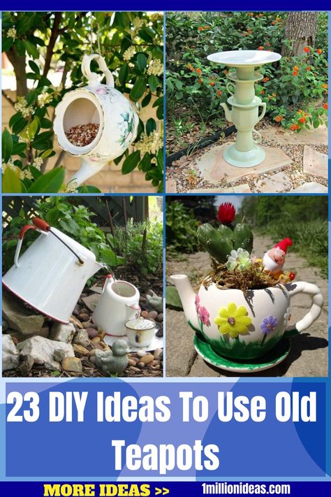 23 DIY Ideas To Use Old Teapots Old Tea Pots Ideas, Garden Teapot Ideas, Teacup Bird Feeder Diy Teapot Birdhouse, Tea Pot Bird Feeder, Tea Pot Garden Decor, Teapots In The Garden, Teapot Garden Art, Tea Pot Decorating Ideas, Tea Cup Planters Diy