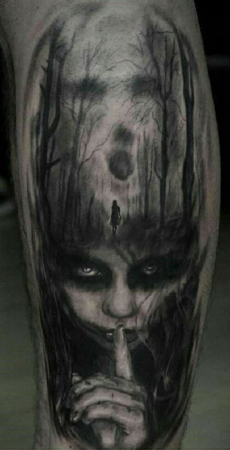 Sinister Tattoos Dark Art, Tattoos To Fill In Space, Dark Forest Tattoo Design, Evil Face Tattoo, Dark Fairy Tattoo Designs, Hanging Tattoo, Sinister Tattoos, Good And Evil Tattoos, Apocalypse Tattoo