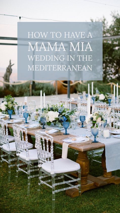 With a casual blue and white color palette and the romance of a fairytale, this whole wedding day was an absolute dream. #weddingplanning #weddingreception #weddingchicks #weddingideas #mamamiawedding #greekwedding #blueweddingideas #weddingdecor #tabledecor Mamma Mia Tablescape, Wedding With Blue Accents, Mama Mia Wedding, Greek Wedding Theme, Mamma Mia Theme, Mamma Mia Wedding, Cheap Wedding Table Centerpieces, Chinoiserie Wedding, Mamma Mia Party