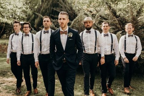 Brown bowties + suspenders | Image by Vic Bonvicini Photography Wedding Groomsmen Attire, Mens Wedding Attire, Groom Wedding Attire, Bridal Party Attire, Groomsmen Outfits, Groomsmen Photos, Pinterest Wedding, Cinderella Story, Groom And Groomsmen Attire