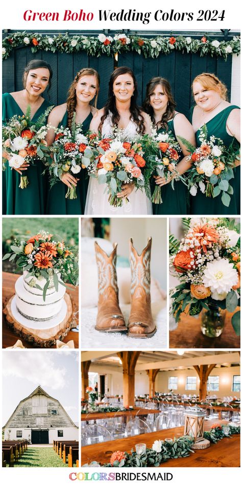 Green Boho Wedding Colors 2024 Ideas: Green Bridesmaid Dresses, orange flowers and sage greenery pair with bouquets and centerpieces for some chic indie vibes. A true boho display is all about the right mix of colors and textures, and this arrangement pulls it off perfectly. #weddings #weddingideas #weddingcolors #bridesmaiddresses #colsbm #2024 #bohowedding #green Boho Wedding Color Schemes, Wedding Colors 2024, Wedding Color Scheme Ideas, September Wedding Colors, Top Wedding Colors, Vintage Wedding Colors, Color Scheme Ideas, Boho Wedding Colors, Orange Wedding Themes