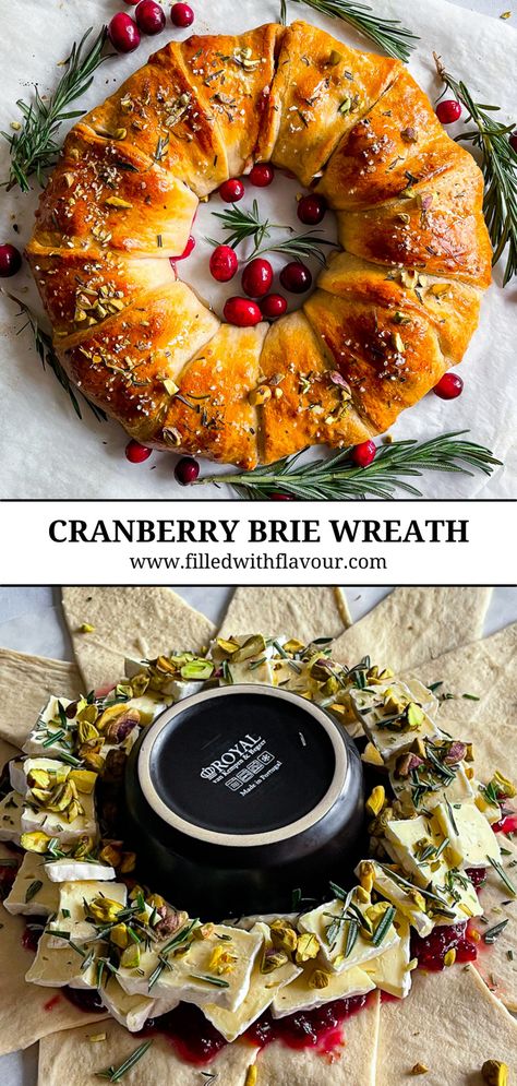 Brie Cranberry Hazelnut Wreath, Brie Cranberry Wreath Appetizer, Cresent Roll Brie Recipes, Wreath Appetizer Crescents, Pillsbury Brie Cranberry, Brie And Cranberry Pastry Wreath, Cresent Roll Wreaths, Brie Bites With Crescent Rolls, Bourbon Glazed Cranberry Baked Brie Wreath