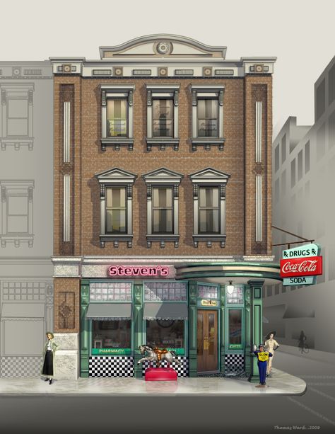 coca-cola building Downtown Building Exterior, Retro Buildings, Bloxburg City, Bloxburg Town, Small Apartment Building, Vintage Buildings, San Myshuno, Perspective Drawing Architecture, Town Building