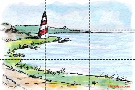 Rule of Thirds ♥ How to compose Great artwork. EASY step by steps for using the rule of thirds in your drawings & paintings. | HelloArtsy.com Rule Of Thirds Drawing, Rule Of Thirds Examples, Rule Of Thirds Photography, Beginners Drawing, The Rule Of Thirds, Rule Of Three, Acrylic Tips, Lighthouse Painting, Watercolor Tips